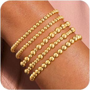 Gold Bracelets for Women Beaded Bracelet 18K Gold Plated Stretch Bracelet Stack Stackable Bead Ball Bracelet Set Non Tarnish Dainty Pearl Adjustable Trendy Gift Gold Jewelry for Women