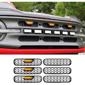 Front Mesh Grille Inserts & Amber Light Compatible with 2021-2024 Ford Bronco Big Bend Outer Banks Grill Frame Trim Covers Accessories