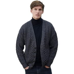 Irish Cardigan for Men's 100% Merino Wool Aran Sweater Made in Ireland (Charcoal, Medium)