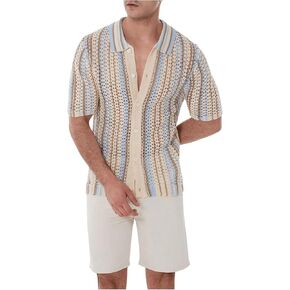 GORGLITTER Men's Striped Hollow Out Button Down Cardigan Short Sleeve Collar Knit Tops