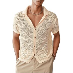 Verdusa Men's Hollow Out Knitted Short Sleeve Button Up Cardigan Sweater