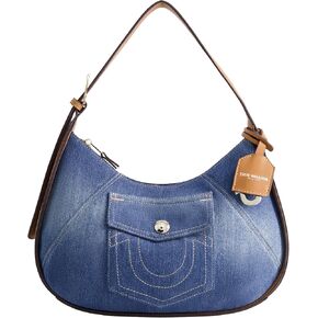 True Religion Women's Shoulder Bag Purse, Medium Hobo Handbag with Front Pocket, Denim