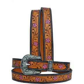 Western Tooled Pink Floral Hand Finished Leather Belt For Women, Kids, Girls Belt 40AB004