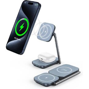 2-in-1 MagSafe Charger Stand, 20W Foldable Travel Fast Magnetic Wireless Charger, Zinc Alloy Wireless Charging Station for iPhone 15/14/13/12 Series, AirPods Pro/3/2