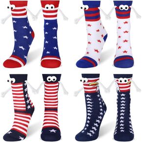 4 Pairs American Flag Socks for Men Women Novelty Funny Magnetic Holding Hands Socks 4th of July Patriotic Magnetic Socks for Independence Day Gifts