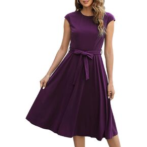 Women's Cap Sleeve Fit and Flared Dress Summer Cocktail Elegant Midi Dresses with Belt MY227