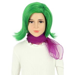 Girls Short Green Wavy Wig with Purple Scarf Halloween Cosplay Party Costume Wig
