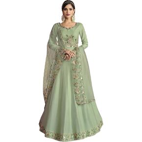 Semistitched Anarkali Kurta & Embroidered Net Dupatta With Floral Design For Women -Green