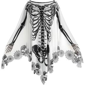 Lace Skeleton Poncho for Women Halloween cape Day of The Dead Costume, Includes Masquerade Mask