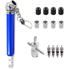 14Pcs Pencil Tire Pressure Gauge Valve Core Tool Kit，Including Tire Gauge Pencil, 4-1 Way Valve Tool, Schrader Valve Cores, Aluminum Valve Caps and Plastic Tire Caps