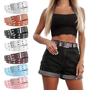 7 Pcs Grommet Belts for Women Double Grommet Belts Punk Leather Belts with Double Studded Holes Buckle Vintage Metal Rock Jeans Belt for Women Men Ladies
