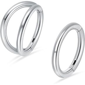 2Pcs Titanium Nose Rings Hoop 20G 18G 16G Double Hoop Nose Ring Diameter 6mm to 10mm Cartilage Helix Daith Rook Earring Hinged Septum Segment Ring Clicker Piercing Silver-Gold-Rose Gold-Black