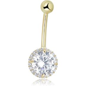 AVORA 10K Gold 8mm Simulated Diamond CZ Halo Belly Button Ring Body Jewelry (14 Gauge)