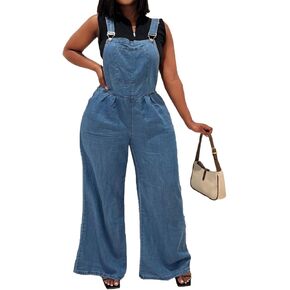 Women's Denim Bib Overalls Wide Leg Loose Fit Adjustable Strap Casual Sleeveless Cargo Jeans Jumpsuits