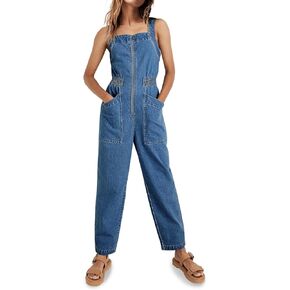PLNOTME Womens Denim Overalls Casual Summer Baggy Zip Up Straight Leg Jeans Jumpsuit with Pockets