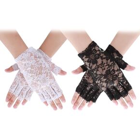 Fingerless Lace Gloves Wedding Opera Tea Party Gloves for Women Short Floral Black and White Lace Gloves Sunblock （Black & White）