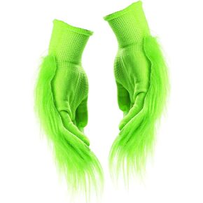 2pcs Christmas Green Furry Hand Gloves Adult for Halloween Role Playing Green Monster Costume Accessories, Full Finger Short Bright Fur Furry Gloves Christmas Dressing Props