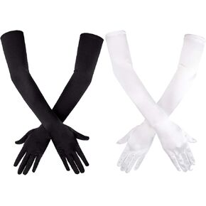 2 Pair Long Black White Opera Party Gloves for Women 1920s Satin Stretchy Elbow Length Gloves Costumes Bridal Wedding, 21 Inch