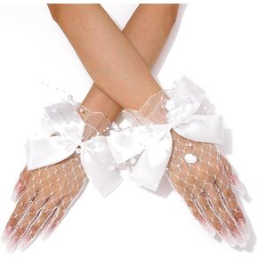 Latious Bow Short Mesh Gloves Wrist Lenght Wedding Gloves Pearl Tea Party Gloves for Women