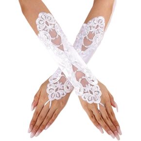 Latious Fingerless Satin Gloves Sequin Lace Wedding Gloves Beads Short Gloves for Women