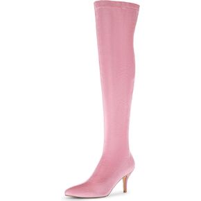 Perphy Faux Velvet Pointed Toe Stiletto Heels Over the Knee High Boots for Women