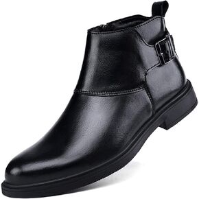Men's Genuine Leather Pointed Toe Dress Chelsea Boots Adjustable Buckle Inner Zipper Ankle Boots Casual Formal Business Booties
