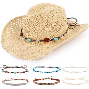 Straw Cowboy Hat Western Cowgirl Hat with 6 Decorative Bands Men Women Straw Woven Sun Hat Shapeable Wide Brim