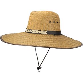 Super Wide Brim Lifeguard Hat, Large Palm Leaf Straw Sun Cap, Lightweight, Flex Fit, Chin Strap Natural