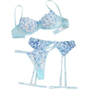 WDIRARA Women's 3 Piece Floral Embroidery Bowknot Front Mesh Sheer Thongs Lingerie Set