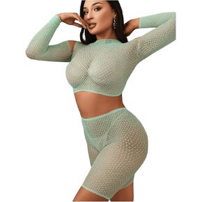 SHENHE Women's Mesh Sheer Hollow Out Mock Neck Long Sleeve Top and Shorts 2 Piece Lingerie Set