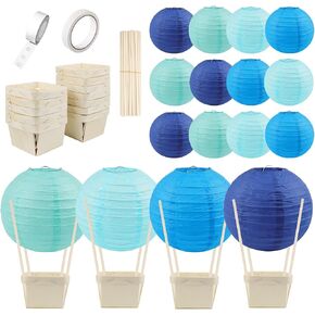 12Set of Hot Air Balloon Paper Lanterns Table Centerpieces Decoration DIY Paper Lanterns Wooden Berry Boxes with Sticks for Birthday Wedding Party Table Decor Christmas Party Decor Gift (Blue Series)