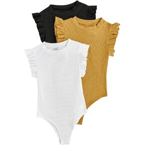 Floerns Women's 3 Pcs Ruffle Cap Sleeve Crew Neck Leotards Ribbed Bodysuits Shirts
