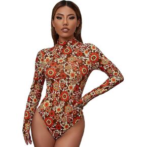 Verdusa Women's High Neck Long Sleeve Floral Print Tee Bodysuit Leotard Tops