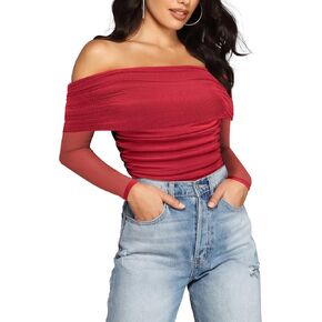 SAUNGKUAI Women's Off The Shoulder Long Sleeve Bodysuit Sexy Slimming Body Suit Tops Sheer Mesh Ruched Outfits