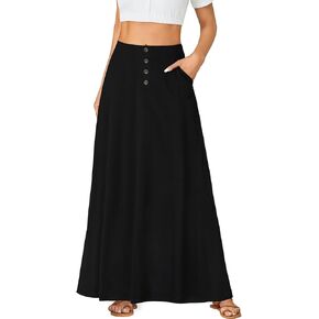 Rooscier Women's High Waist Button Front A-Line Long Maxi Skirt with Pockets