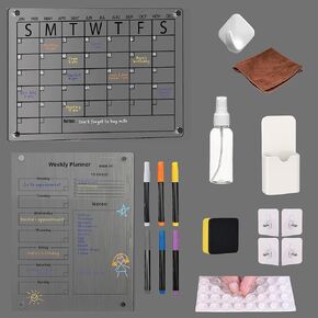 Magnetic Acrylic Calendar for Fridge - 2 Piece Set: 16x12 Inch Clear Monthly & Weekly Dry Erase Planners, 6 Markers, Spray Bottle, Magnetic Pen Holder, 12 Anti-Slip Adhesives, 4 Wall Stickers