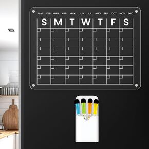Magnetic Acrylic Calendar for Fridge 16" x 12", Clear Wall Calendar with 4 Markers, Glass Calendar Planner Board and Weekly Monthly Calendar, Dry Erase Calendar, Clear Wall Calendar