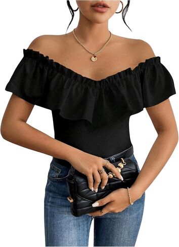 SHENHE Women's Off Shoulder Ruffle Trim Rib Knit Bodysuit Slim Fit Sleeveless Leotard Top in Saudi Arabia