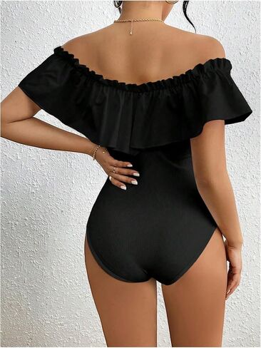 SHENHE Women's Off Shoulder Ruffle Trim Rib Knit Bodysuit Slim Fit Sleeveless Leotard Top in Saudi Arabia