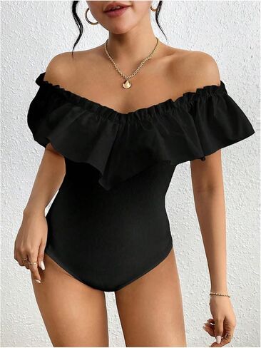 SHENHE Women's Off Shoulder Ruffle Trim Rib Knit Bodysuit Slim Fit Sleeveless Leotard Top in Saudi Arabia