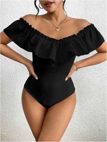 SHENHE Women's Off Shoulder Ruffle Trim Rib Knit Bodysuit Slim Fit Sleeveless Leotard Top in Saudi Arabia