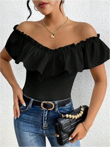 SHENHE Women's Off Shoulder Ruffle Trim Rib Knit Bodysuit Slim Fit Sleeveless Leotard Top in Saudi Arabia