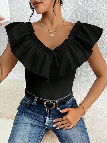 SHENHE Women's Off Shoulder Ruffle Trim Rib Knit Bodysuit Slim Fit Sleeveless Leotard Top in Saudi Arabia