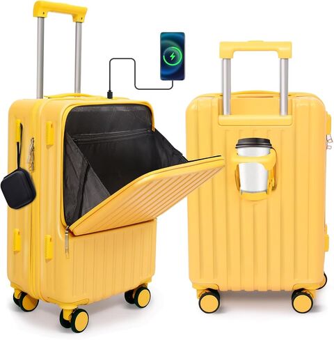 Front Pocket Luggage, Carry-on Luggage with Spinner Wheels, Suitcase with Cup Holder, USB Port (Yellow, Carry-On 20-Inch) in Saudi Arabia