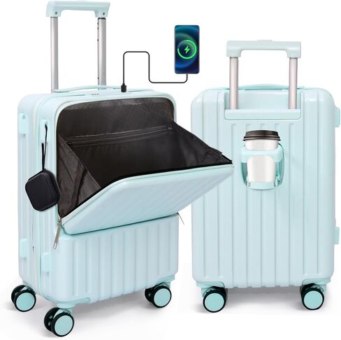 Front Pocket Luggage, Carry-on Luggage with Spinner Wheels, Suitcase with Cup Holder, USB Port (Yellow, Carry-On 20-Inch) in Saudi Arabia