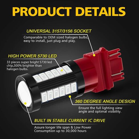 3157 3156 T25 3056 4157 1400 Lumens Super Bright Low Power LED Light Bulbs Replacements for Brake Stop Tail Turn signal Blinker Lights, Brilliant Red (Pack of 2) in Saudi Arabia