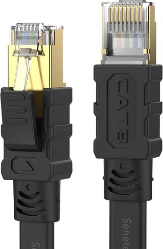 Senetem Cat 8 Ethernet Cable 25FT, 40Gbps Flat RJ45 LAN Network Cable | Flat shielded Cat 8 cable supports 40Gbps/2000MHz for gaming/PC/PS5/4/3/ Xbox/modem and router. Outdoor & indoor patch cord in Kuwait