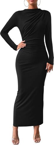 BTFBM Women Bodycon Maxi Dress Long Sleeve Back Slit Ruched Elegant Party Cocktail Formal Fall Wedding Guest Dresses in Saudi Arabia
