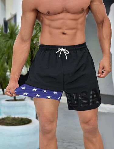USA العلم رجالي سراويل السباحة مع بطانة ضغط 7 بوصة أسود العلم الأمريكي سراويل للسباحة لنا العلم مجلس السراويل in Kuwait