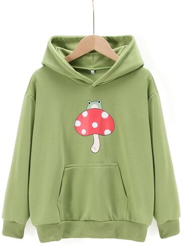 Girls Hoodie Kawaii Frog Sweatshirt Cute Mushroom Long Sleeve Fleece Oversize Pullover Tops Kids Aesthetic Clothes in Kuwait